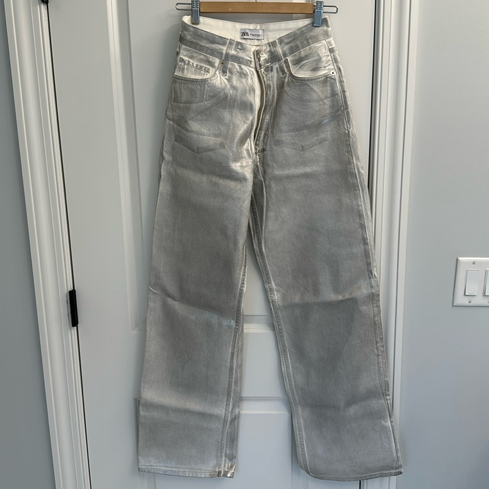 Zara silver coated high waisted wide leg jeans - size 2